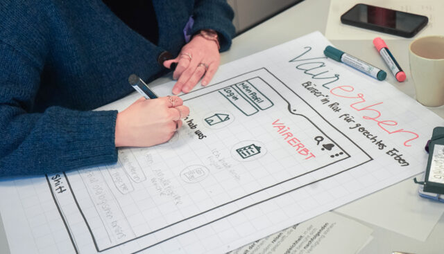 Auf einer Flipchartfolie skizziert eine Studentin ein Modell von Bürgerräten für gerechtes Erben. Dieses Modell stellt aus ihrer Sicht einen Teil eines wünschenswerten Zukunftsszenarios dar.