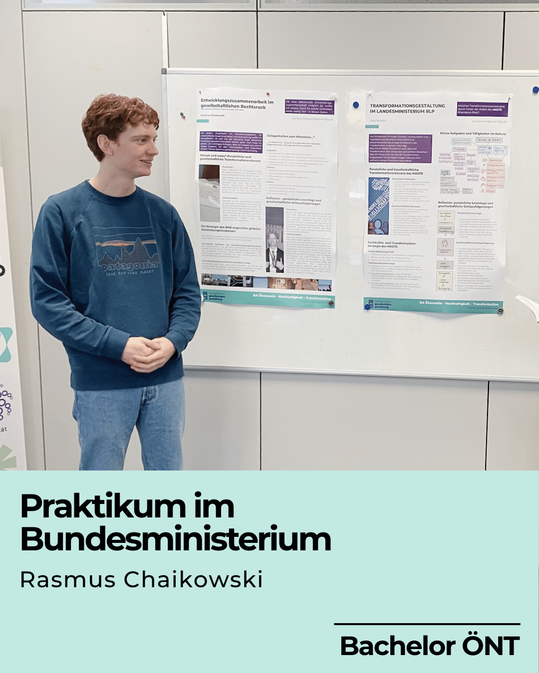 Bachelor-Student der Hochschule für Gesellschaftsgestaltung Rasmus erklärt sein Studierendenprojekt anhand zwei Poster.