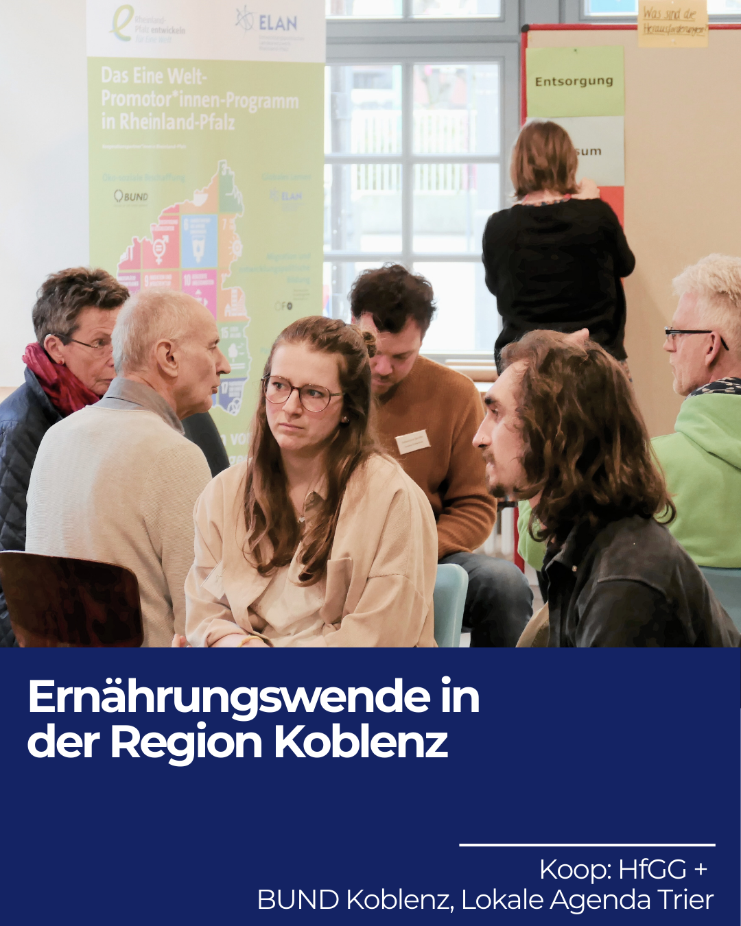 Sich unterhaltende Menschen im Rahmen des Hochschulprojektes "Ernährungswende in der Region Koblenz" der Hochschule für Gesellschaftsgestaltung